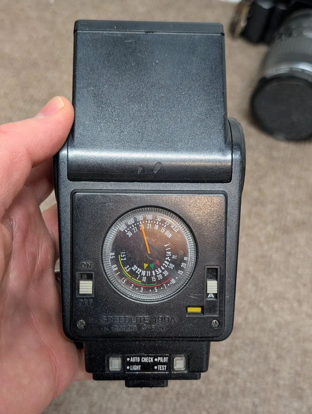 Vintage Canon A-1 Black SLR Camera with Black Lens and Black Flash